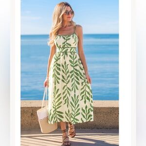 Cupshe Tropical Midi Dress Medium Beige Green Palms Square Neck Beachwear